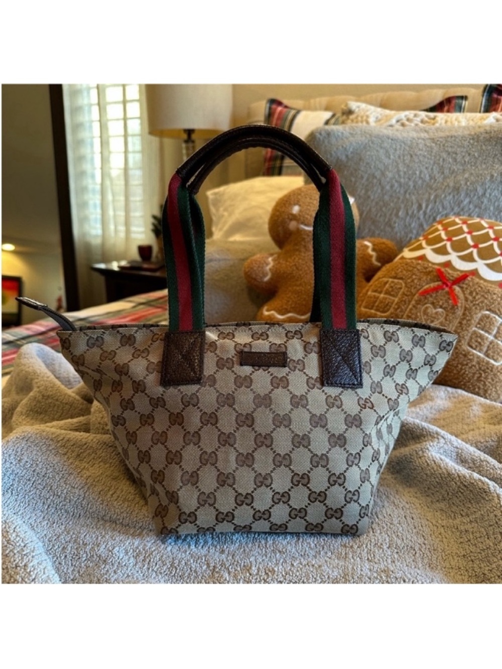 Gucci Beige/Brown GG Canvas Tote with Green-Red Web Handles